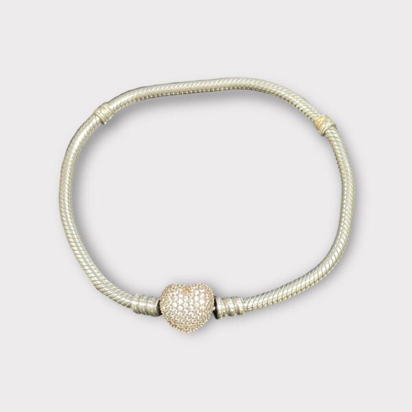 Pandora 925Sterling Silver Snake Bracelet with Rose Gold Heart Clasp (SPG059768)