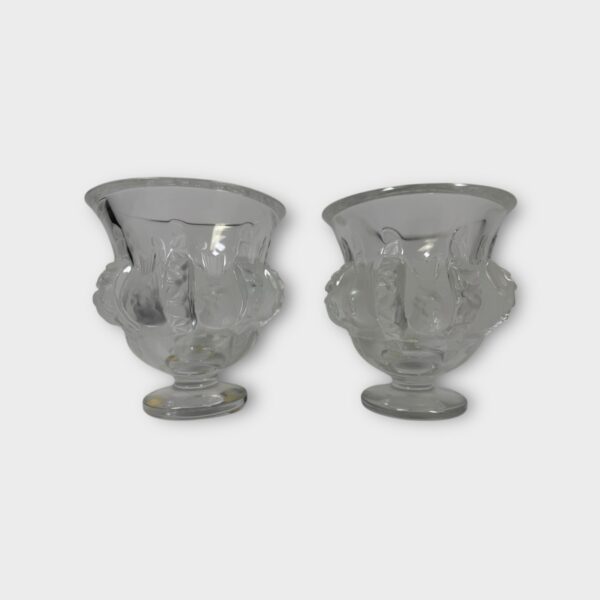 Signed Pair LALIQUE Dampierre Carved Song Birds Crystal Vases (Lot Of 2)