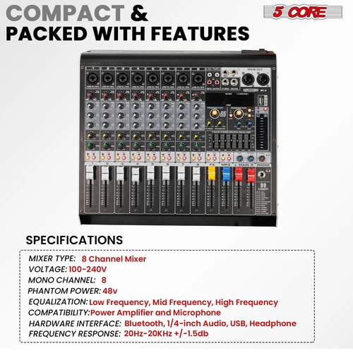 Audio Mixer 8 Channel DJ Equipment with Bluetooth USB Console Sound - Image 2