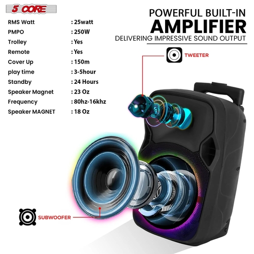 5Core 8 Inch PA Portable Bluetooth Party Speaker Karaoke Boombox + 2 - Image 3