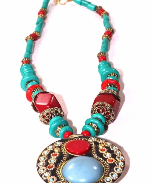 Turquoise & Red Coral Medallion Necklace