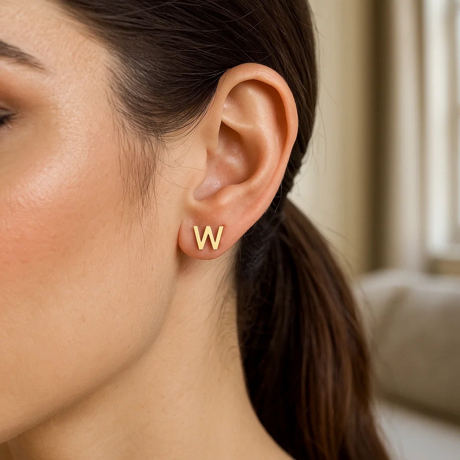 14K Yellow Gold Yours Truly Initial W Stud Earrings - Image 2