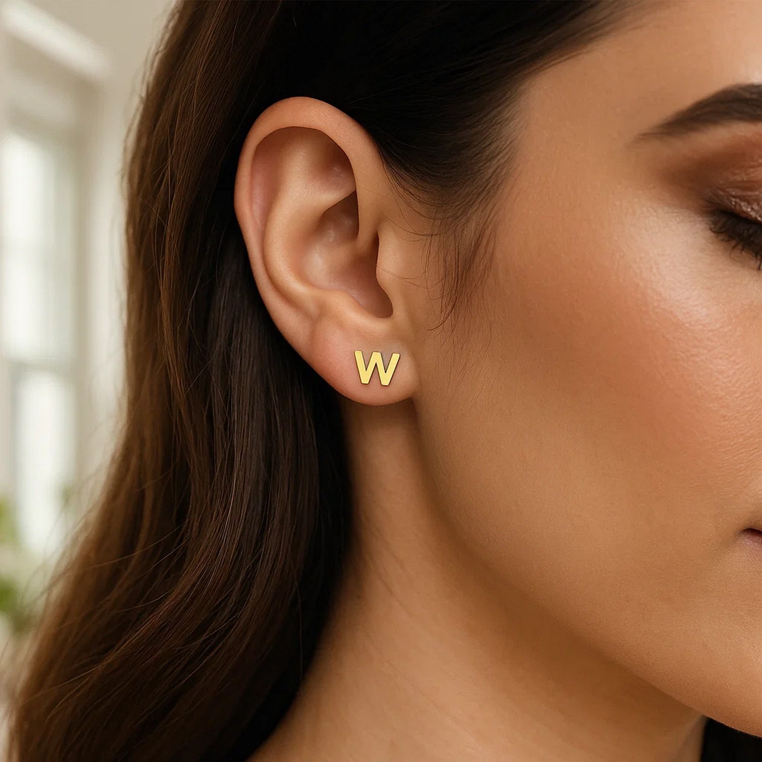 14K Yellow Gold Yours Truly Initial W Stud Earrings - Image 3