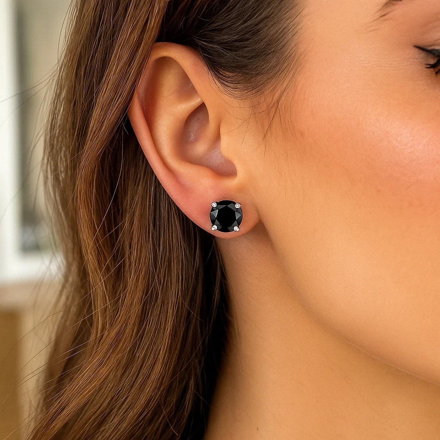 14k White Gold 8.0mm Round Black CZ Stud Earrings - Image 4