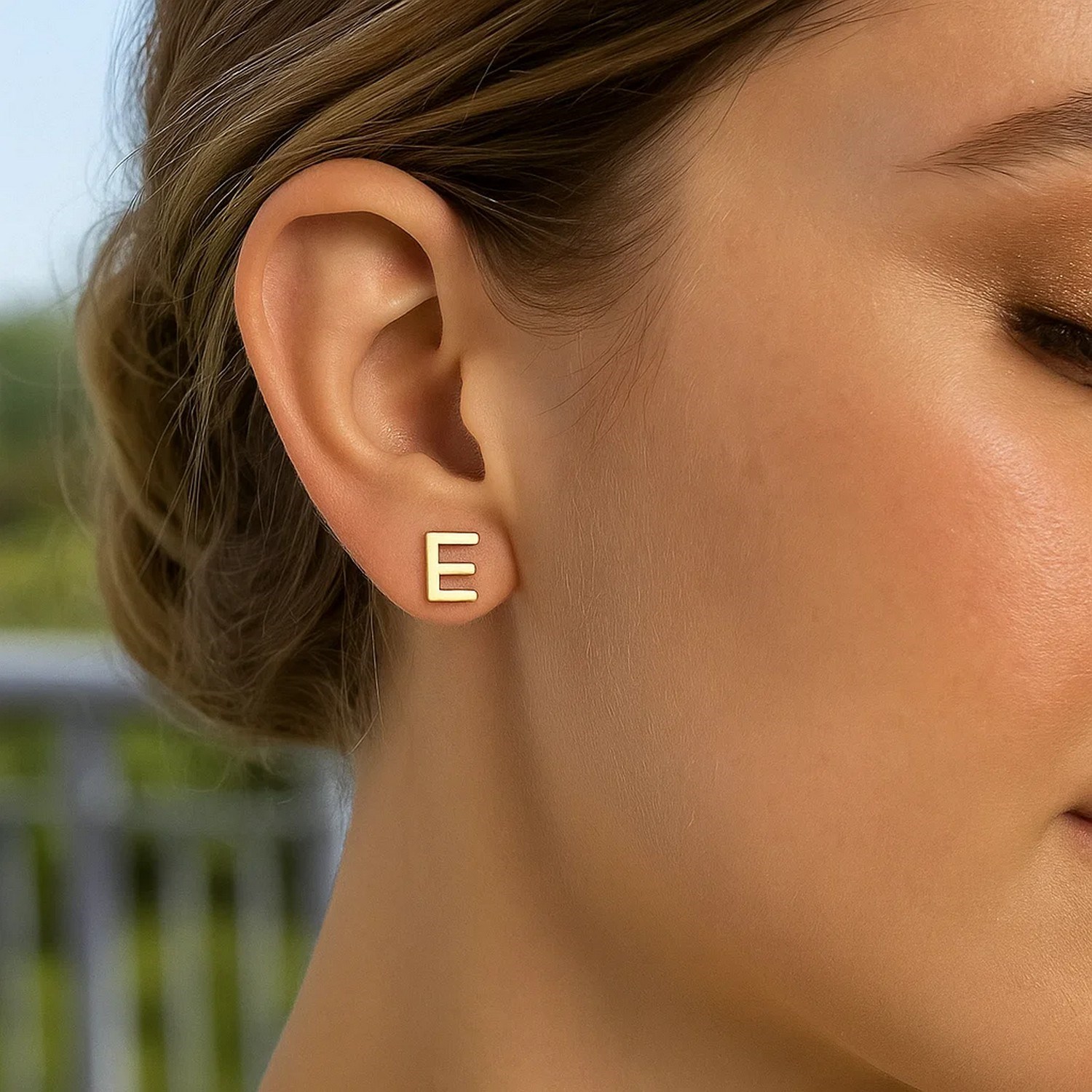 14K Yellow Gold Yours Truly Initial E Stud Earrings - Image 2