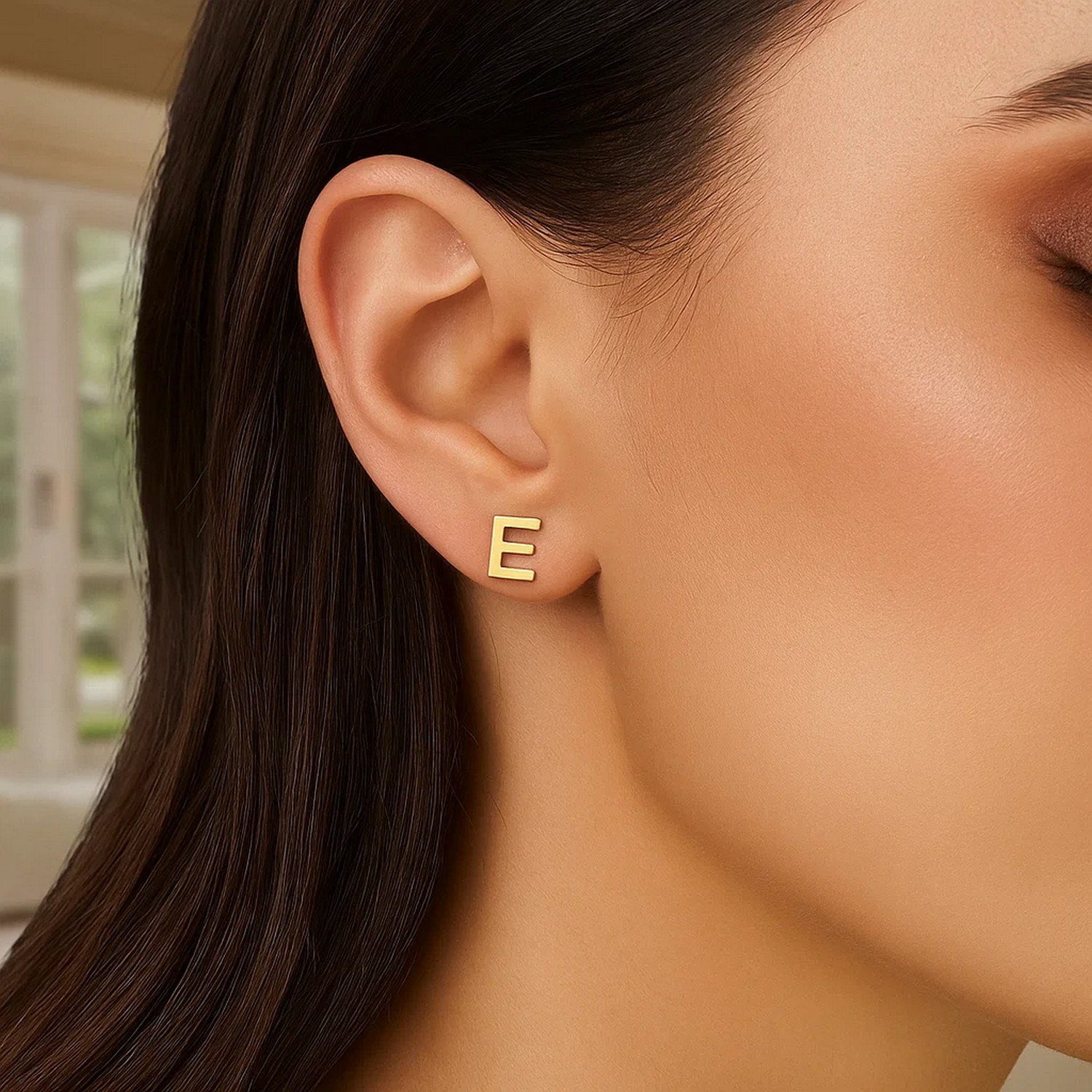 14K Yellow Gold Yours Truly Initial E Stud Earrings - Image 3
