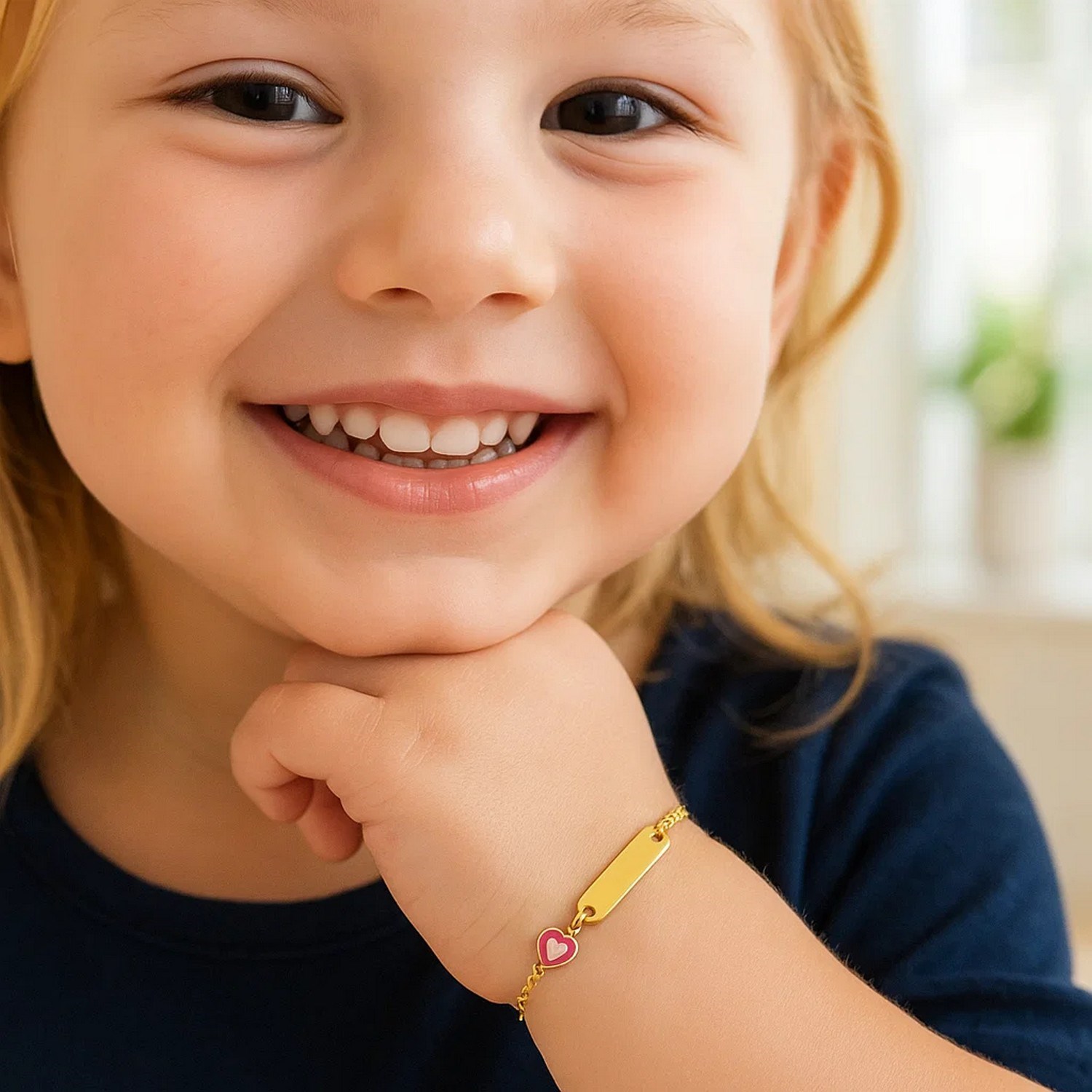 14k Yellow Gold 5 1/2 inch Childrens ID Bracelet with Enameled Heart (1.00 mm) - Image 3