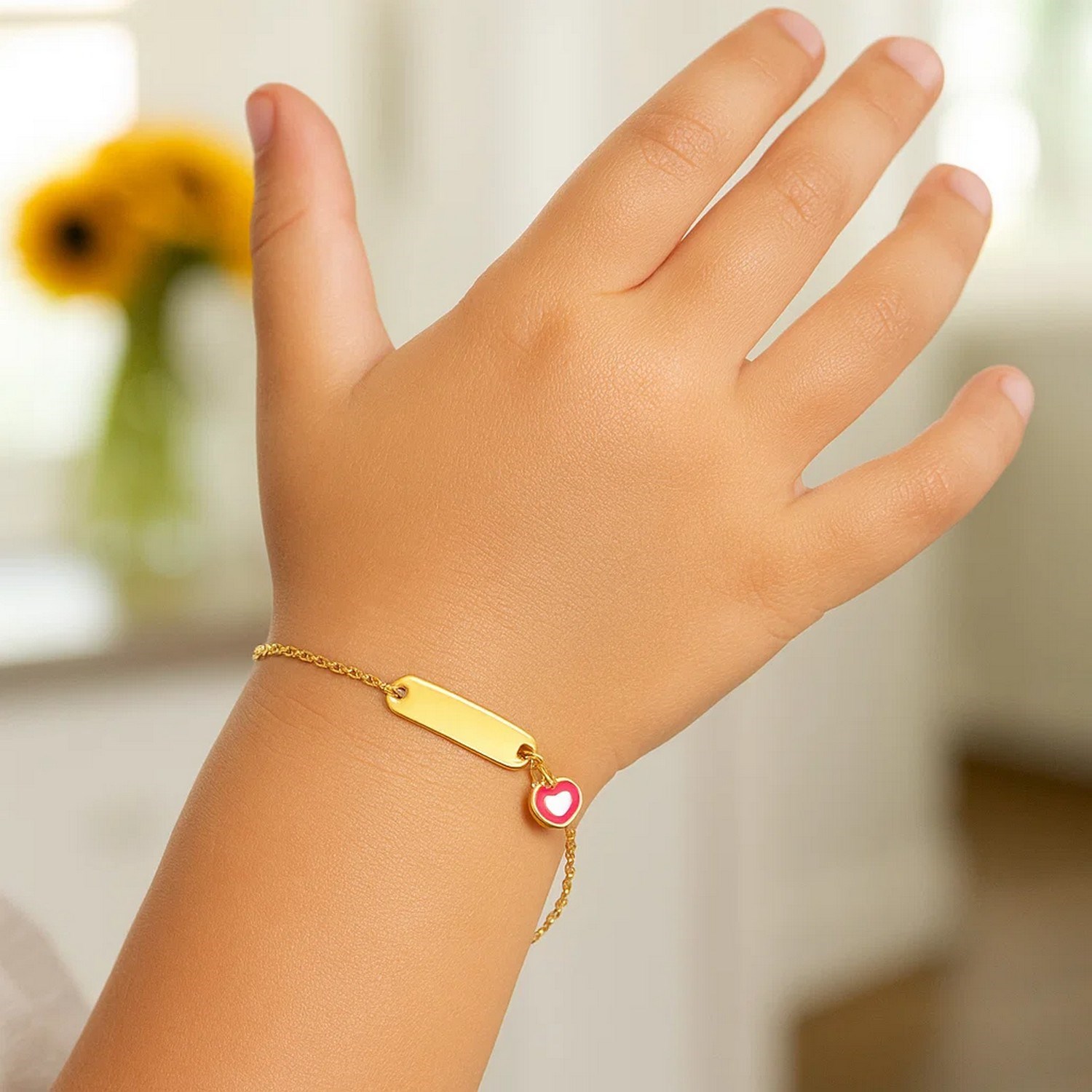 14k Yellow Gold 5 1/2 inch Childrens ID Bracelet with Enameled Heart (1.00 mm) - Image 4