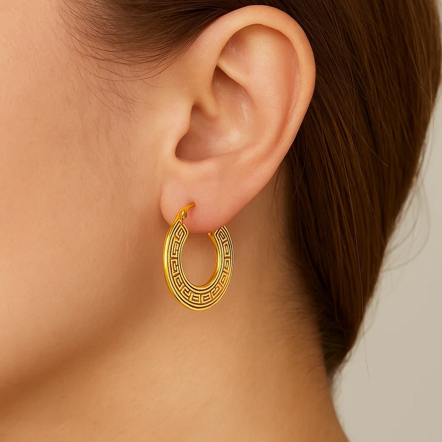 10k Yellow Gold Greek Key Small Hoop Earrings - Image 2