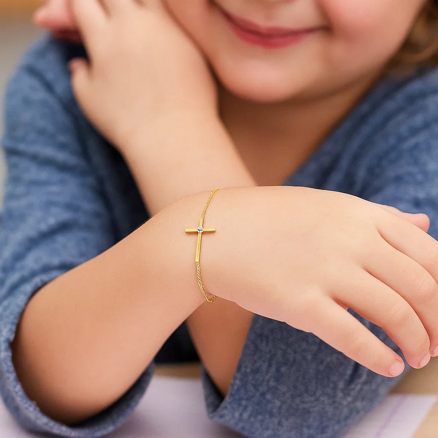 14k Yellow Gold 5 1/2 inch Childrens Bracelet with Cross (1.00 mm) - Image 3