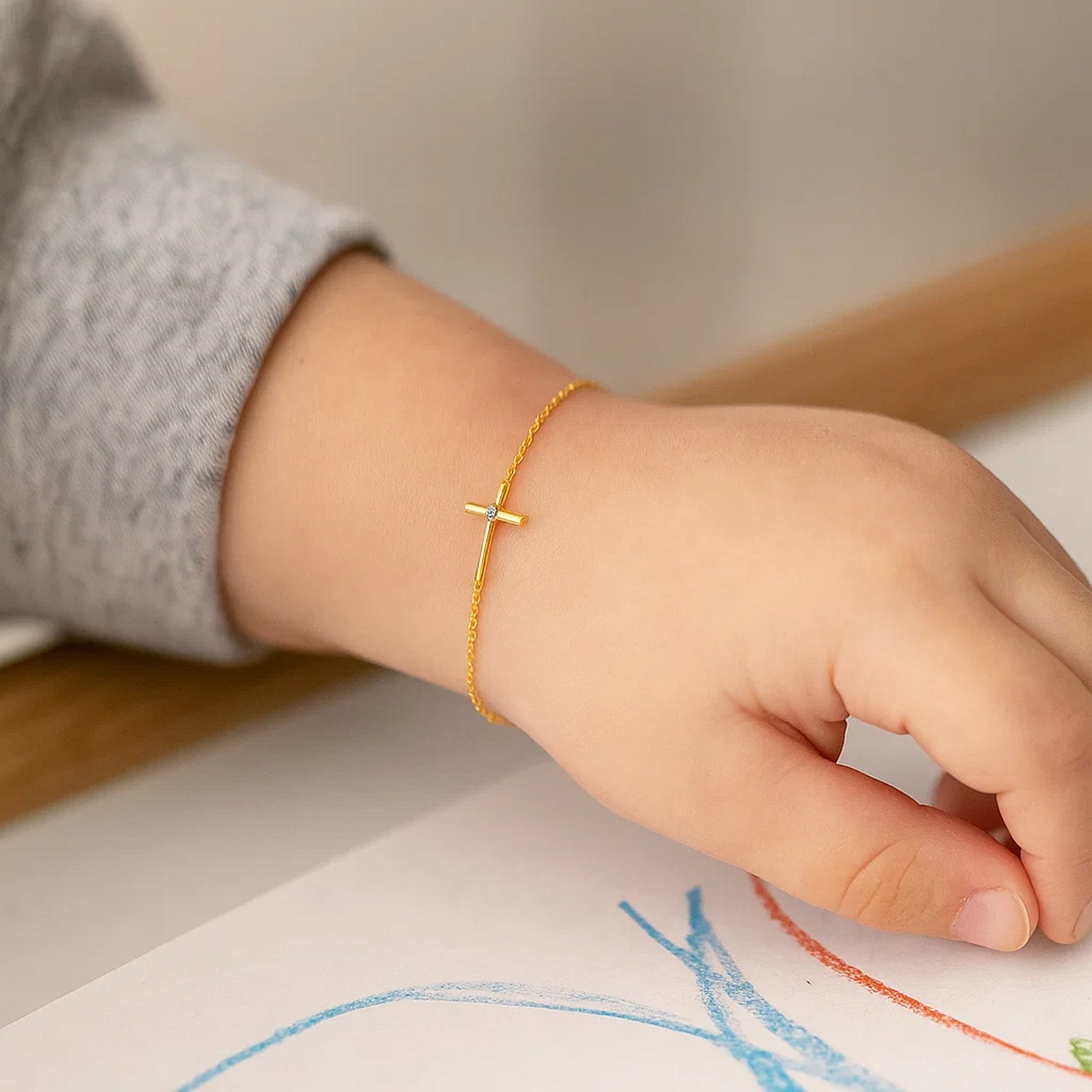 14k Yellow Gold 5 1/2 inch Childrens Bracelet with Cross (1.00 mm) - Image 4