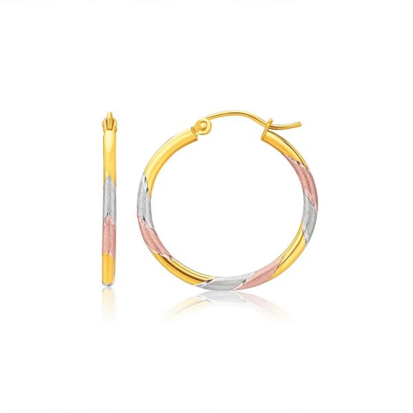 14k Tri-Color Textured Hoop Earrings (2x22mm)