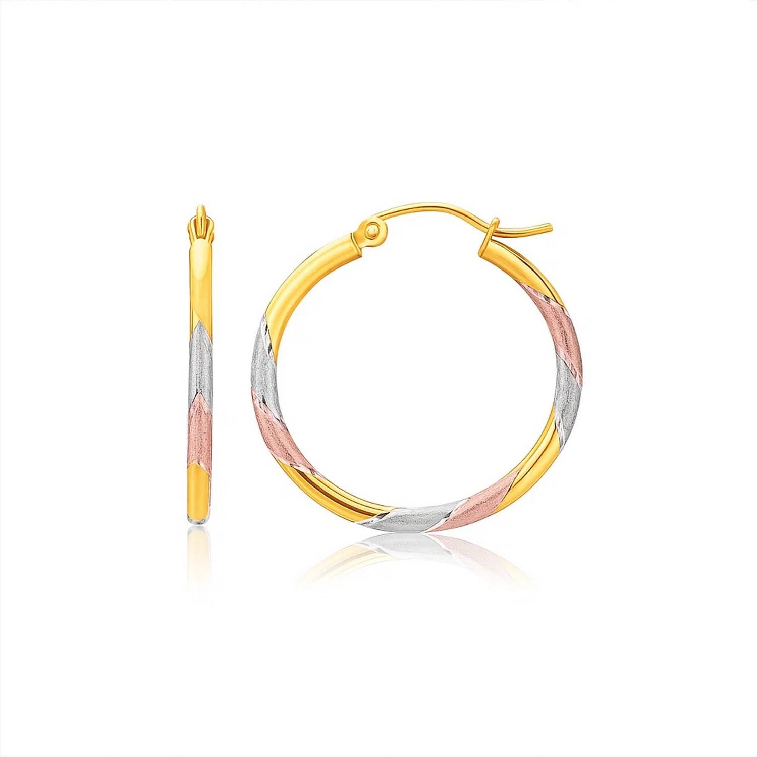 14k Tri-Color Textured Hoop Earrings (2x22mm)