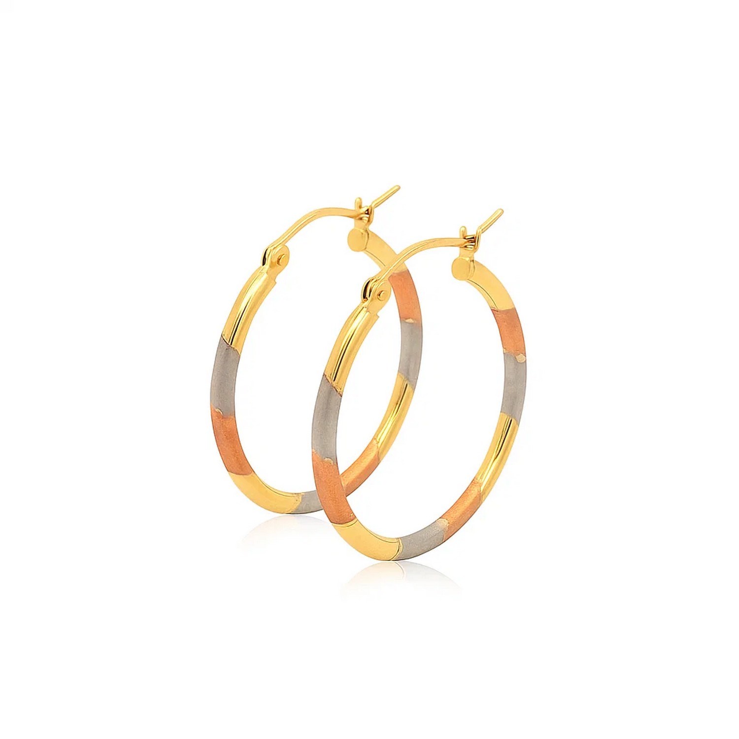 14k Tri-Color Textured Hoop Earrings (2x22mm) - Image 2