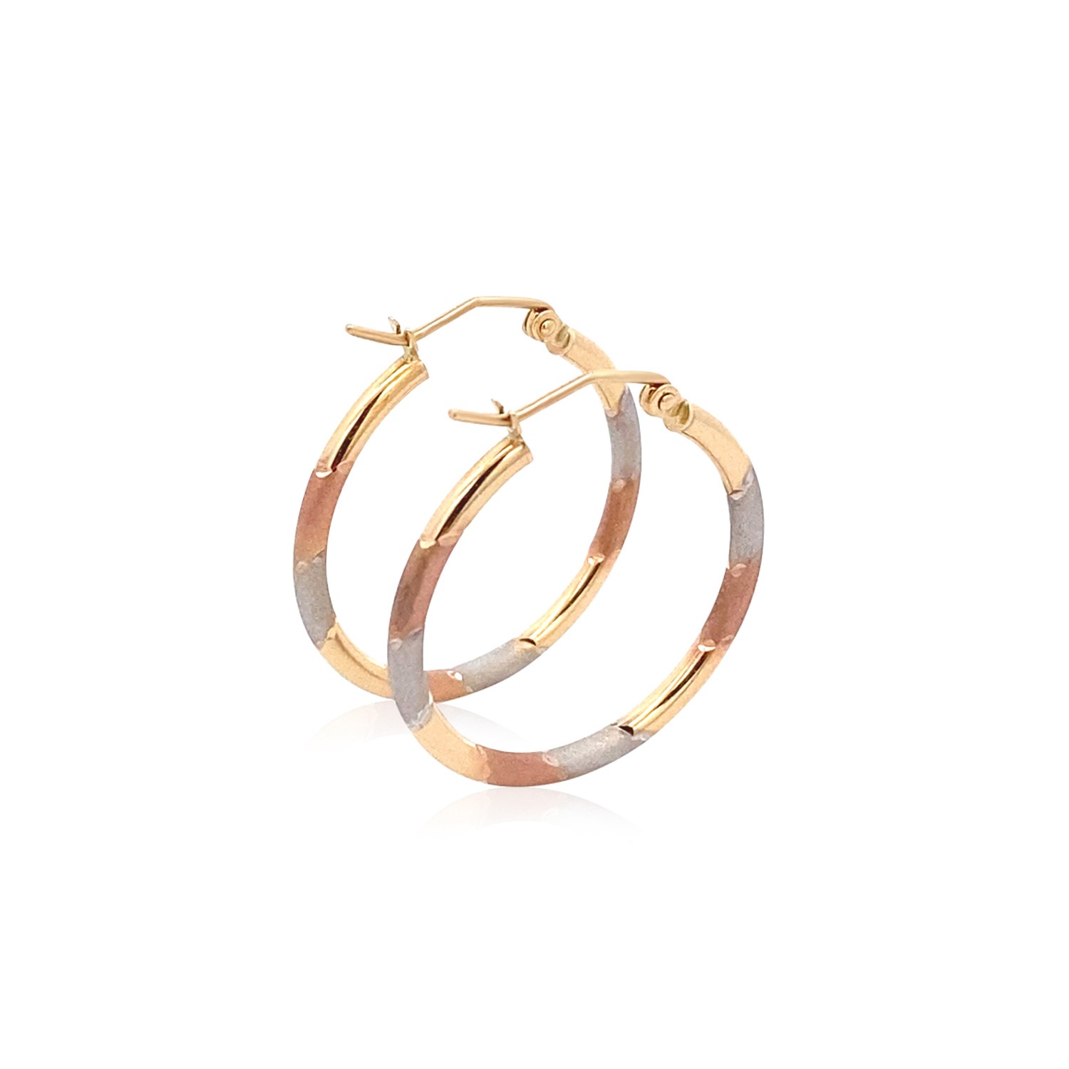 14k Tri-Color Textured Hoop Earrings (2x22mm) - Image 3