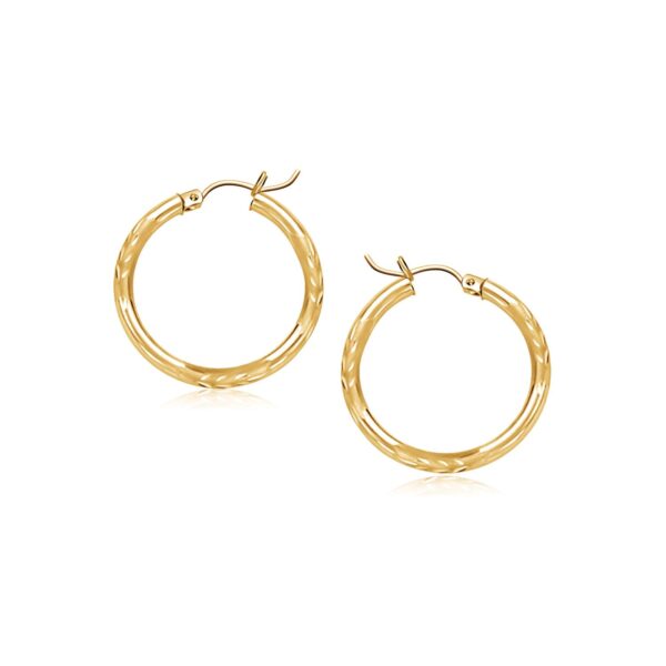 14k Yellow Gold Fancy Diamond Cut Slender Small Hoop Earrings (2x15mm)