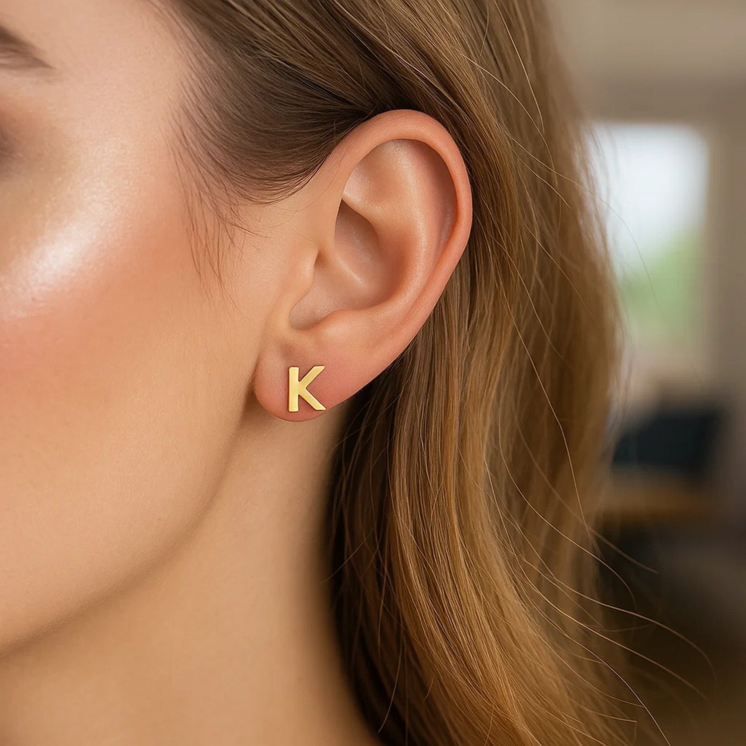 14K Yellow Gold Yours Truly Initial K Stud Earrings - Image 2