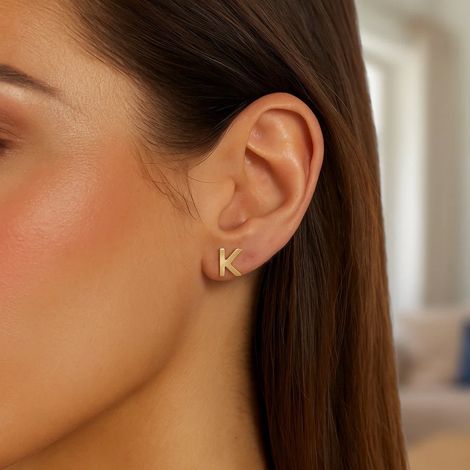 14K Yellow Gold Yours Truly Initial K Stud Earrings - Image 3