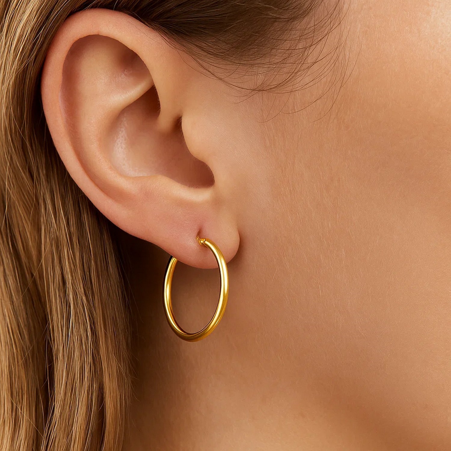 14k Yellow Gold Polished Hoop Earrings (3x20mm) - Image 4