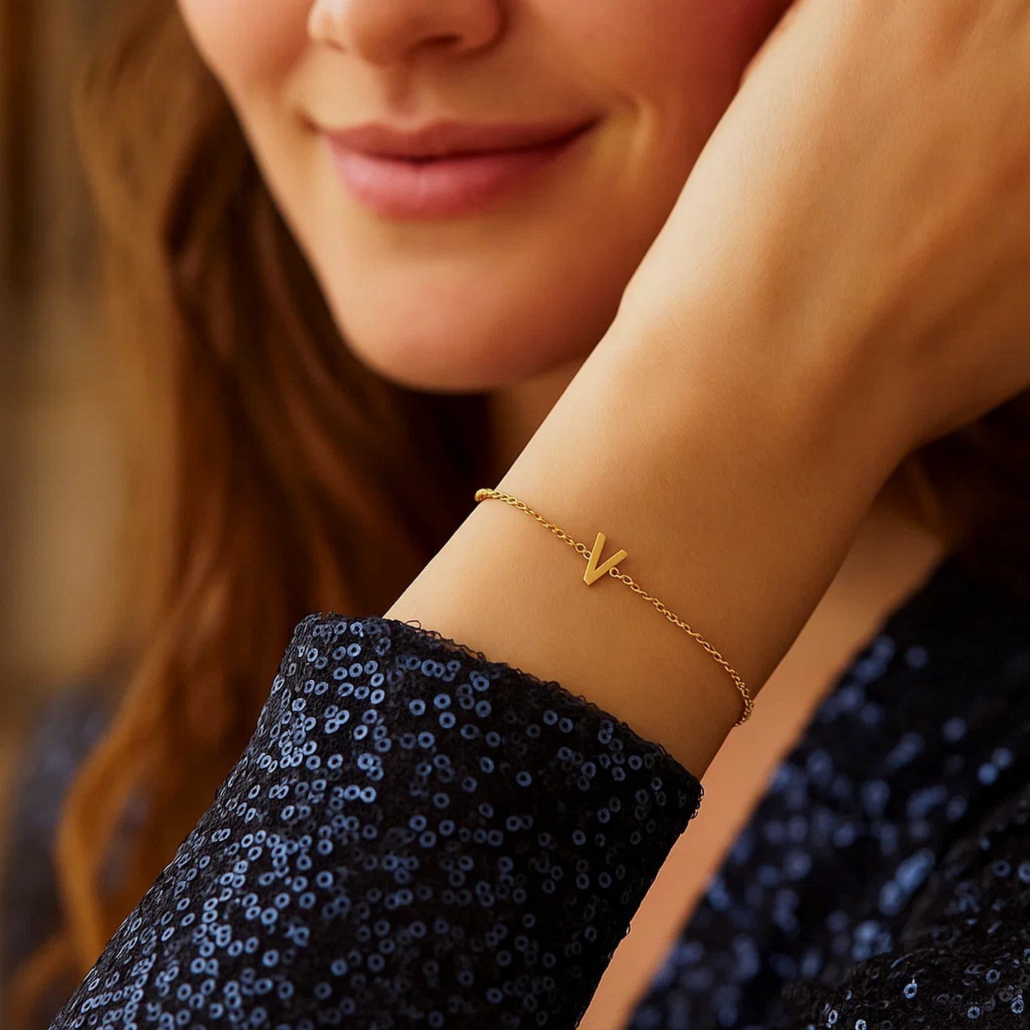 14K Yellow Gold Mini Initial V Bracelet - Image 5