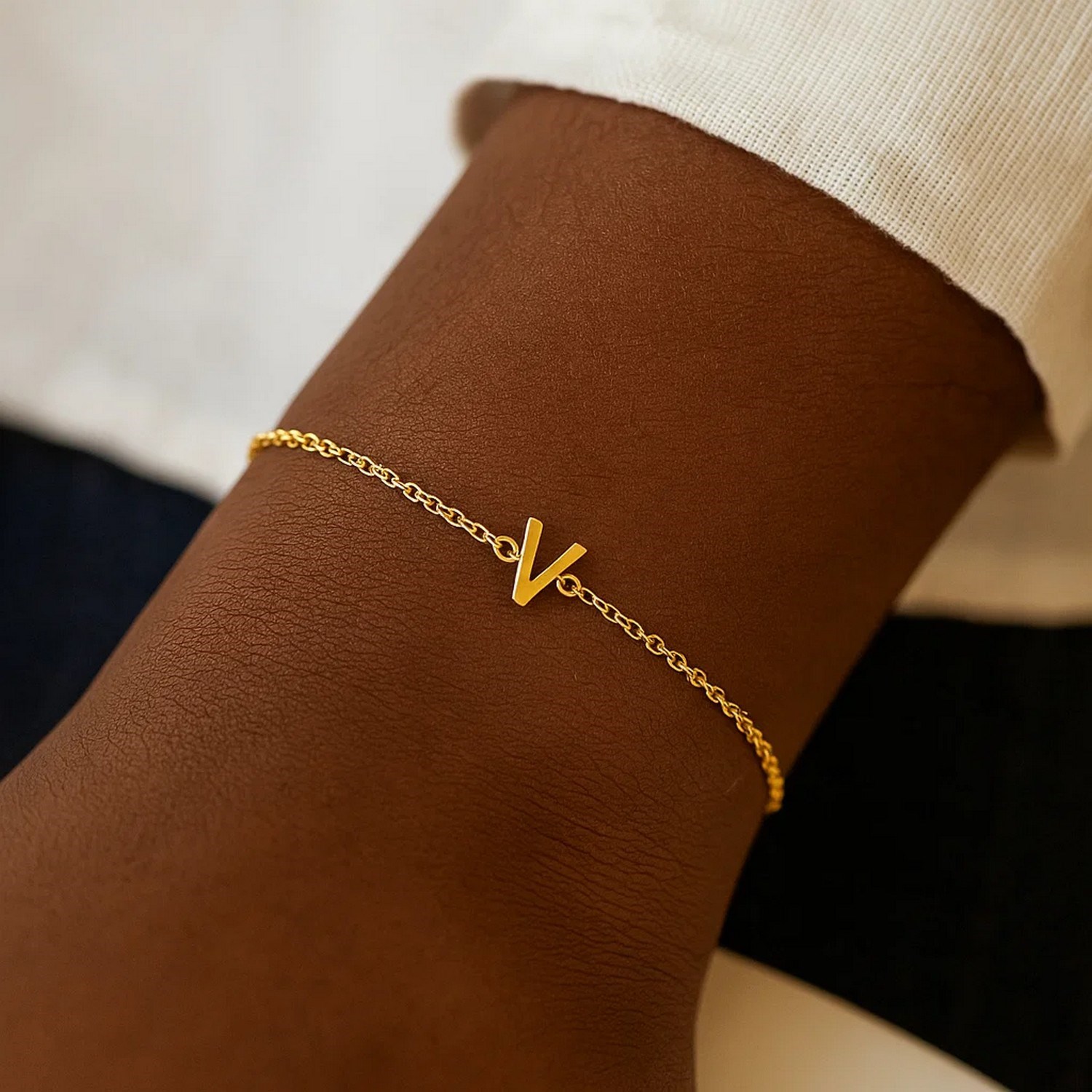 14K Yellow Gold Mini Initial V Bracelet - Image 6