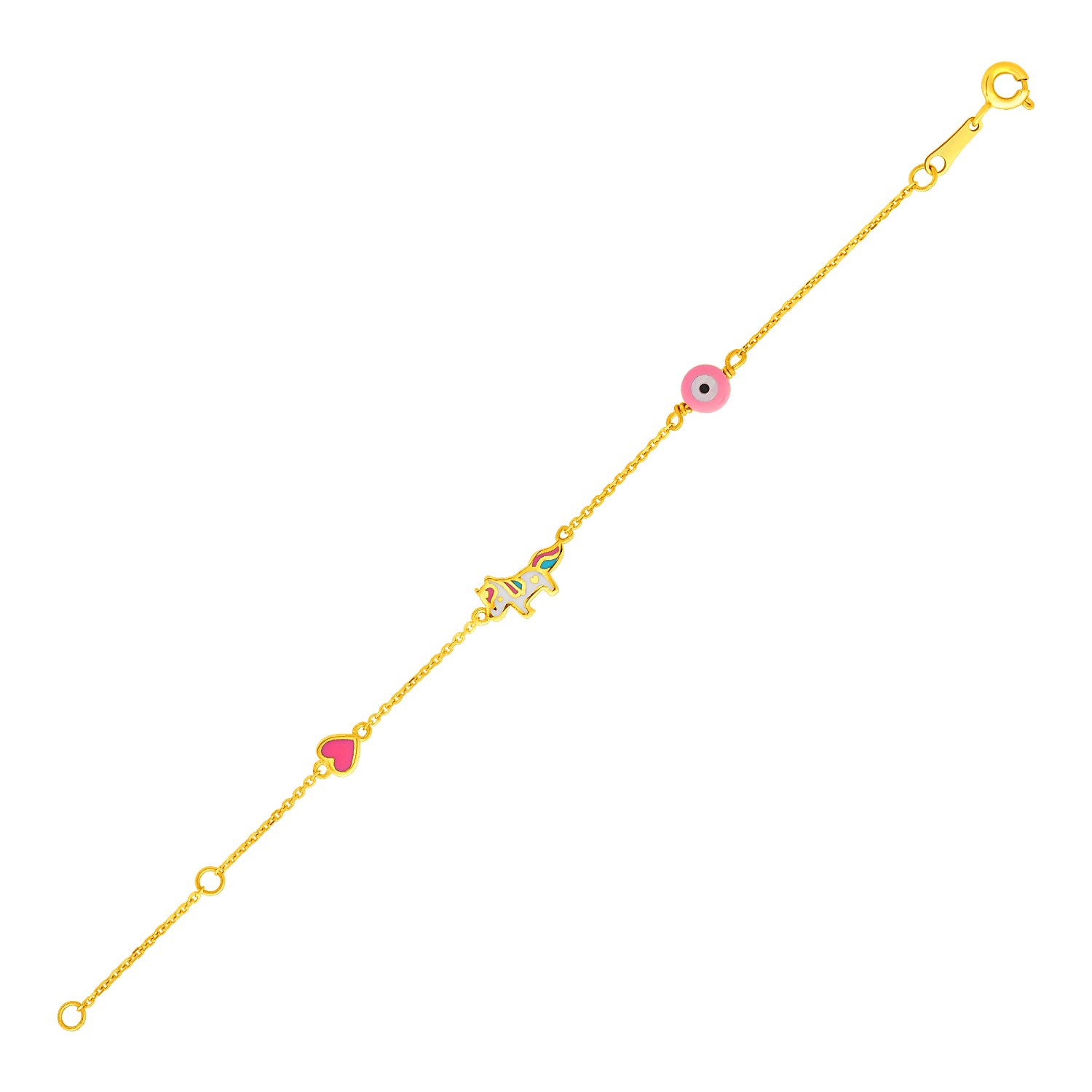14k Yellow Gold Childrens Bracelet with Enameled Heart Unicorn and Circle