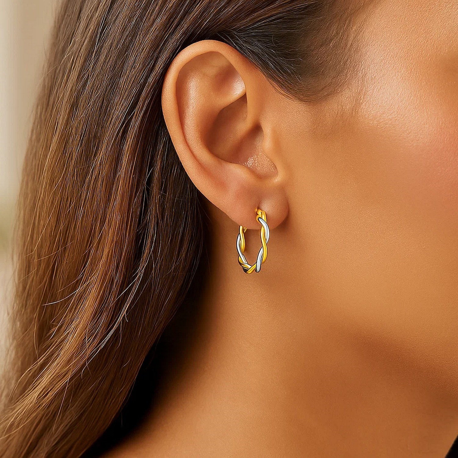 Two-Tone Twisted Wire Round Hoop Earrings in 10k Yellow and White Gold(3x15mm) - Image 2