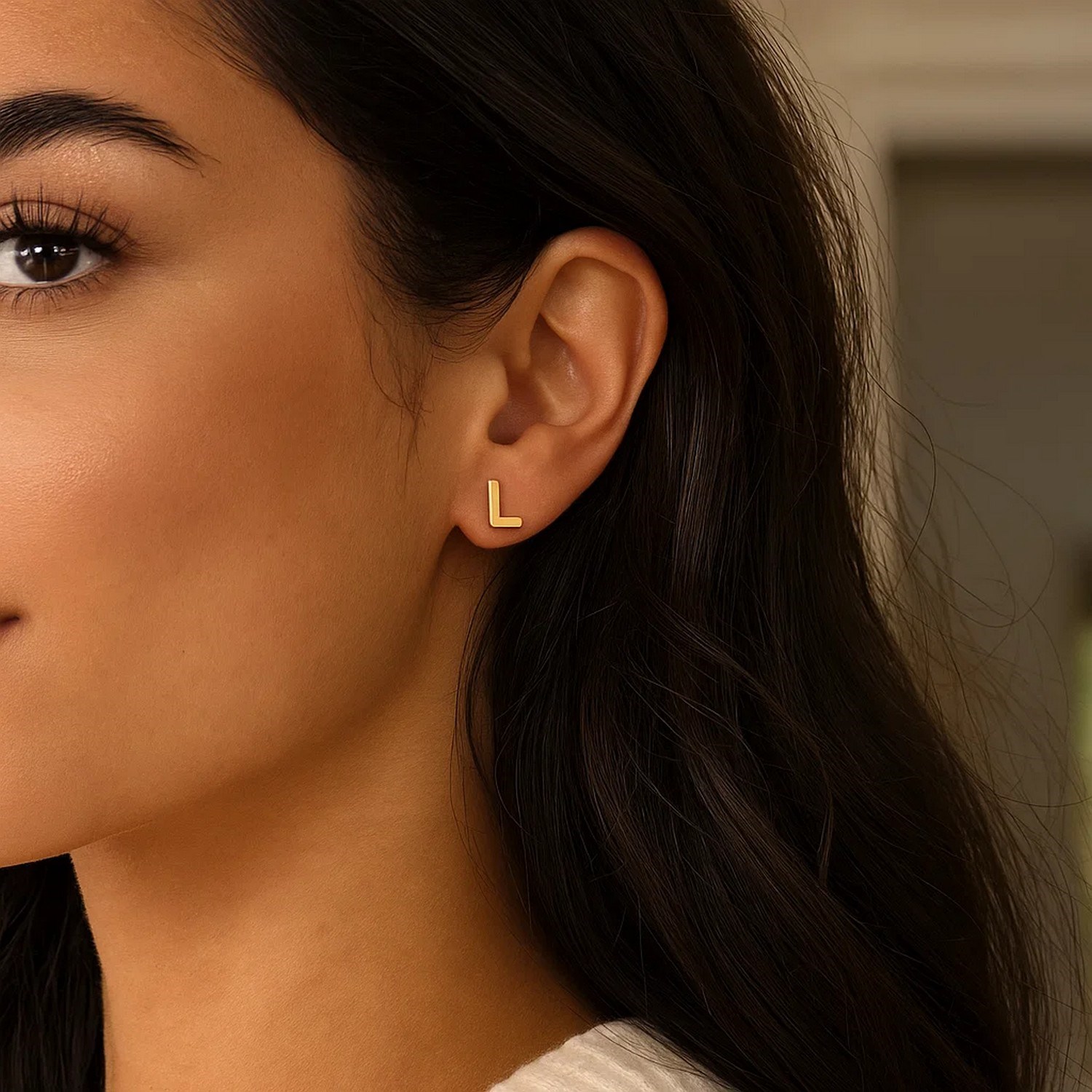 14K Yellow Gold Yours Truly Initial L Stud Earrings - Image 2