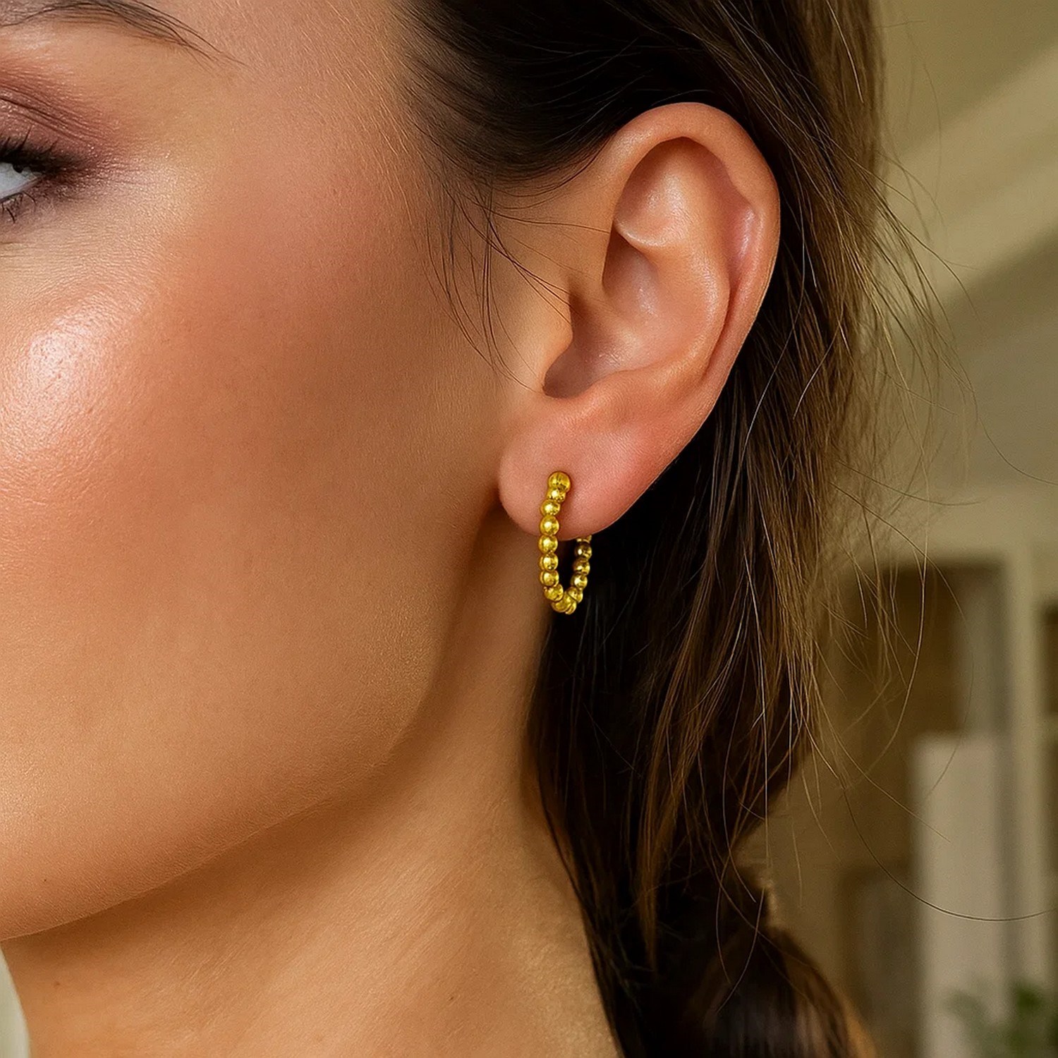 14K Yellow Gold Bead Hinged Hoop Earrings - Image 2