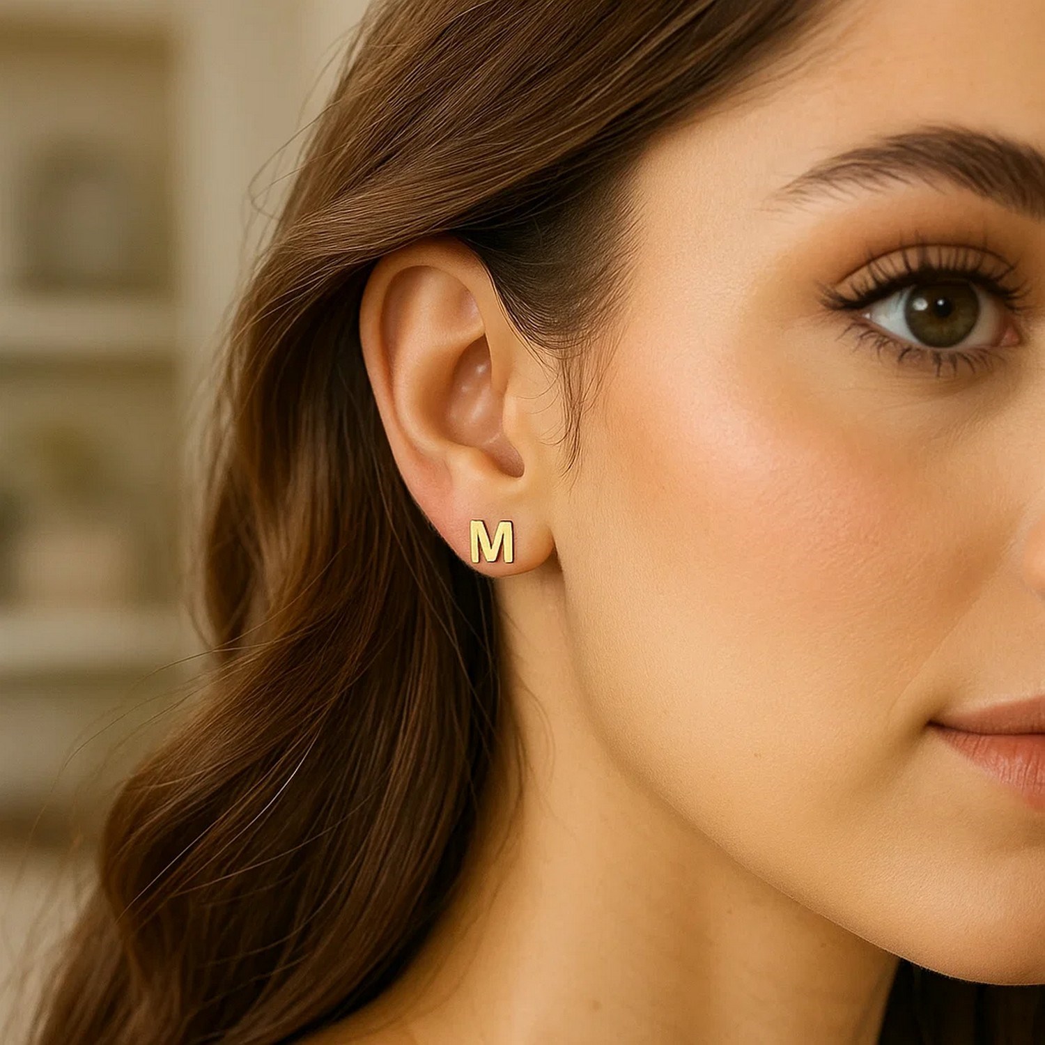 14K Yellow Gold Yours Truly Initial M Stud Earrings - Image 2