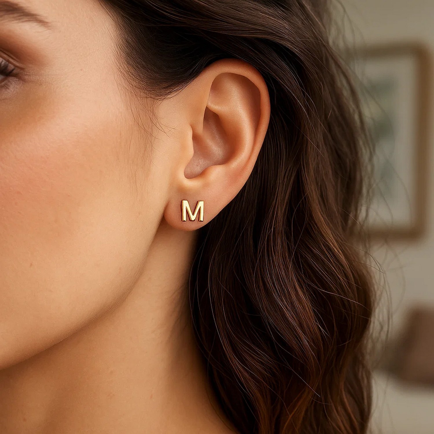 14K Yellow Gold Yours Truly Initial M Stud Earrings - Image 3