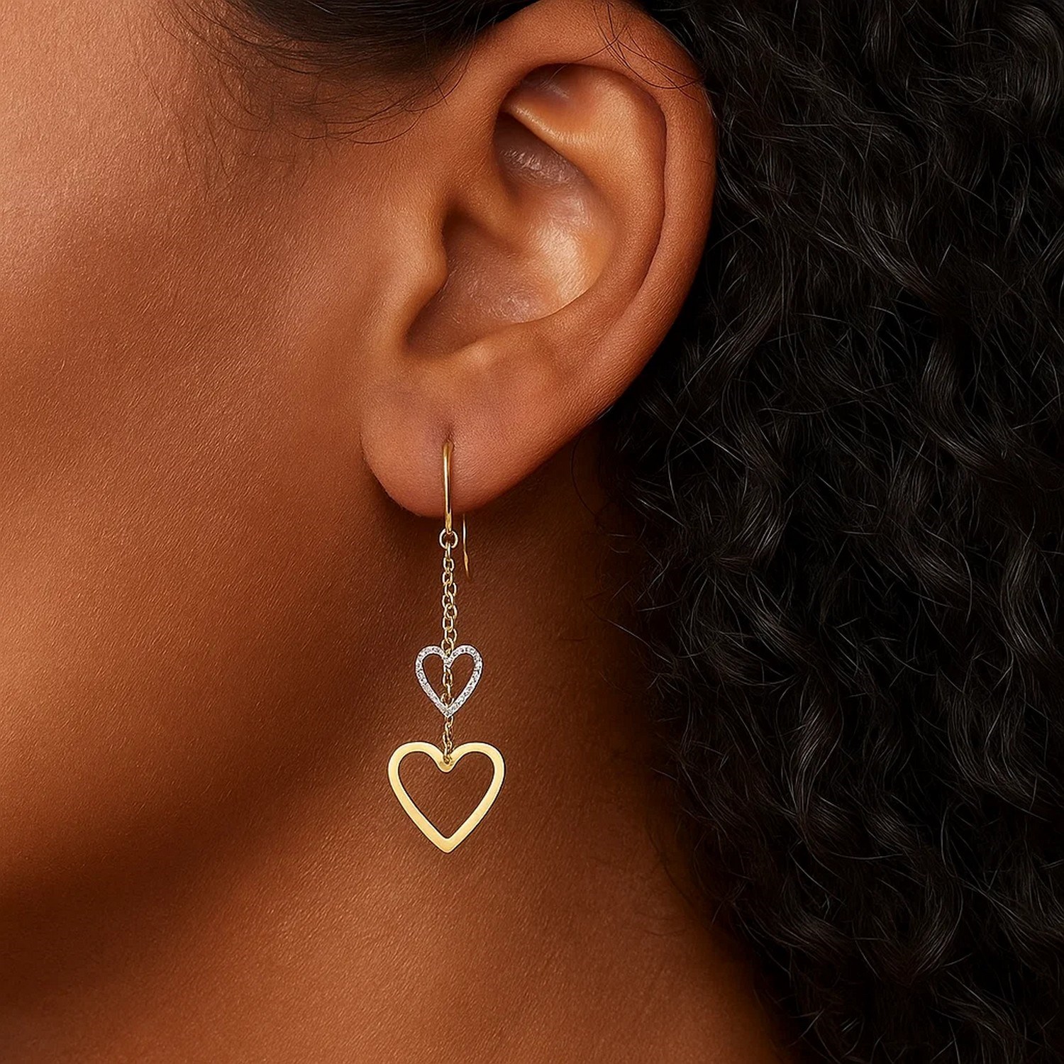 10k Two-Tone Gold Cutout Heart Chain Dangling Earrings - Image 3