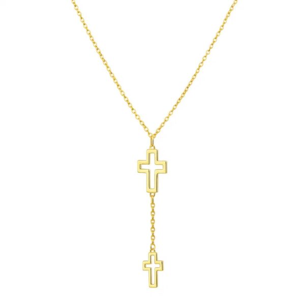 Double Cross Drop Necklace in 14K Yellow Gold