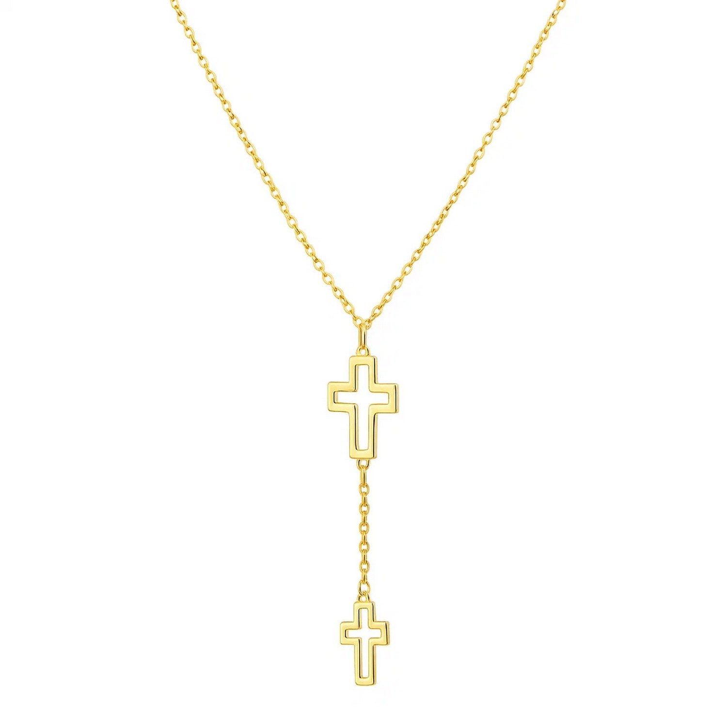 Double Cross Drop Necklace in 14K Yellow Gold