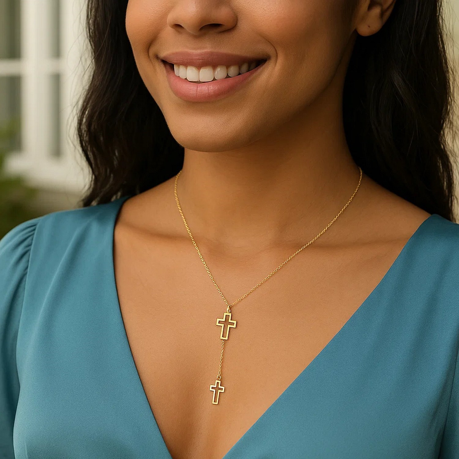 Double Cross Drop Necklace in 14K Yellow Gold - Image 5