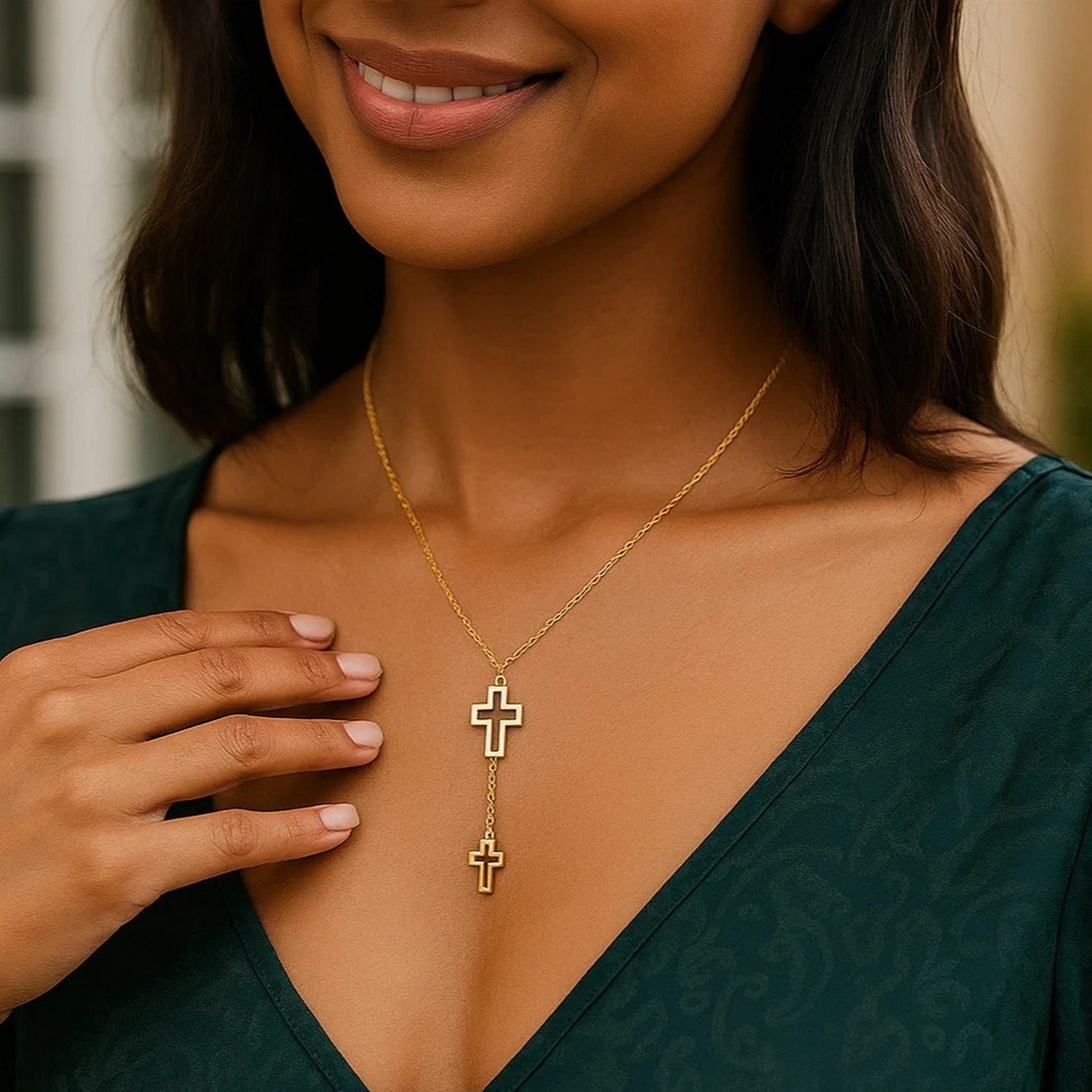 Double Cross Drop Necklace in 14K Yellow Gold - Image 6