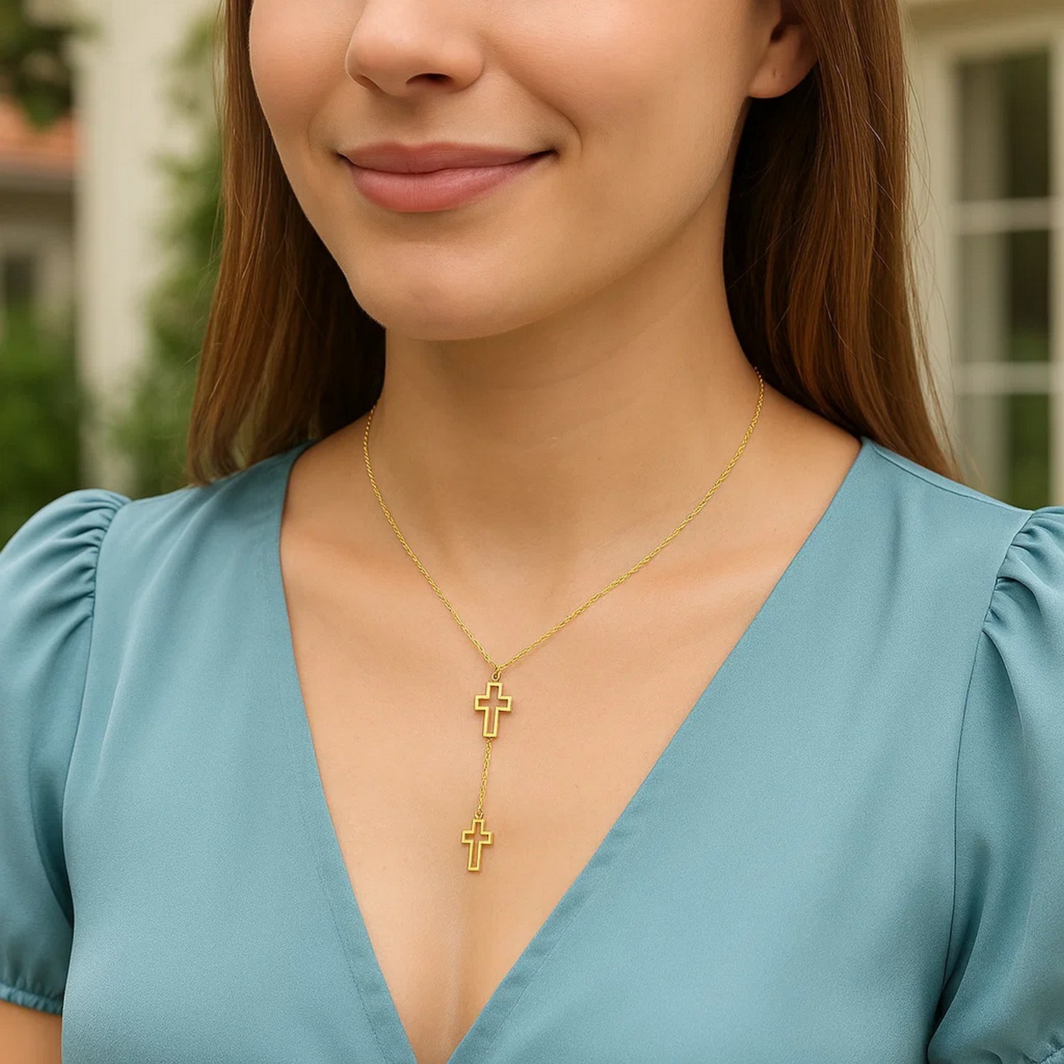 Double Cross Drop Necklace in 14K Yellow Gold - Image 7