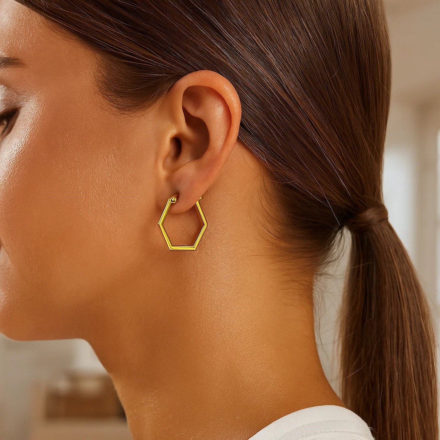 14K Yellow Gold Hexagon Shaped Hoop Earrings - Image 2