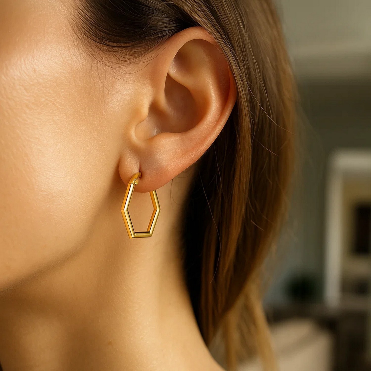 14K Yellow Gold Hexagon Shaped Hoop Earrings - Image 3