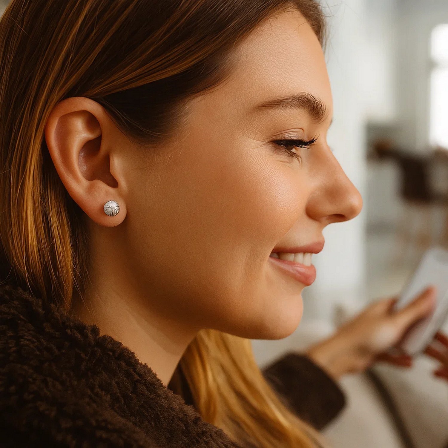 14K White Gold Ball Earrings with Linear Texture(5mm) - Image 2