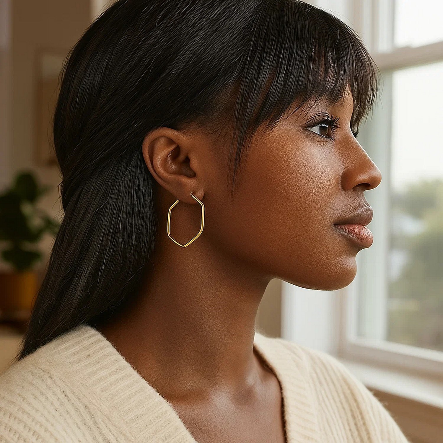 14K Yellow Gold Hexagon Hoop Rounded Edge Earrings - Image 2