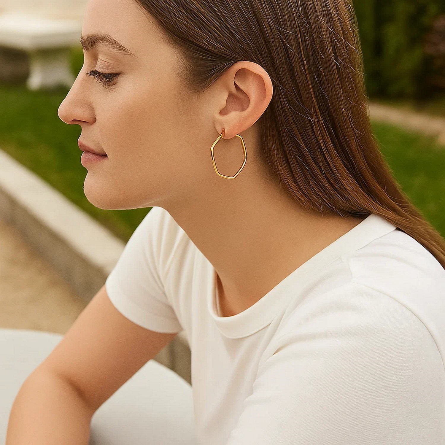 14K Yellow Gold Hexagon Hoop Rounded Edge Earrings - Image 3