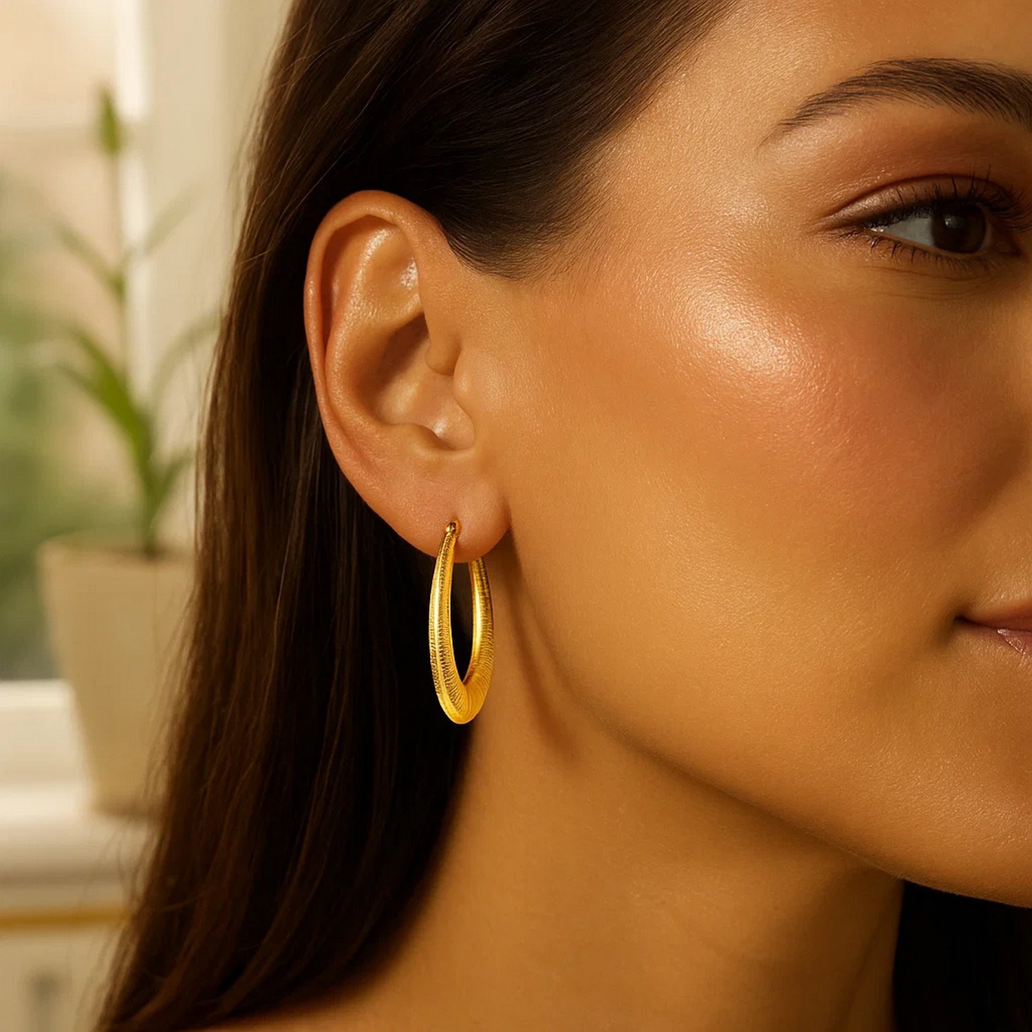 14k Yellow Gold Hoop Earrings in a Graduated Texture Style - Image 2