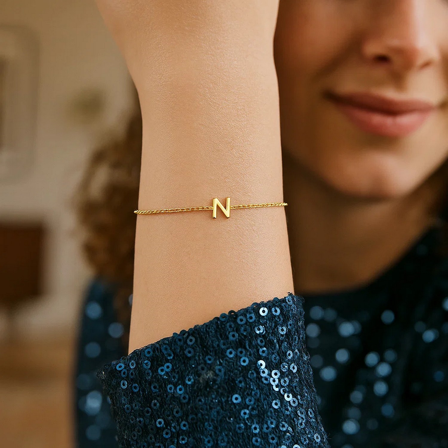 14K Yellow Gold Mini Initial N Bracelet - Image 4