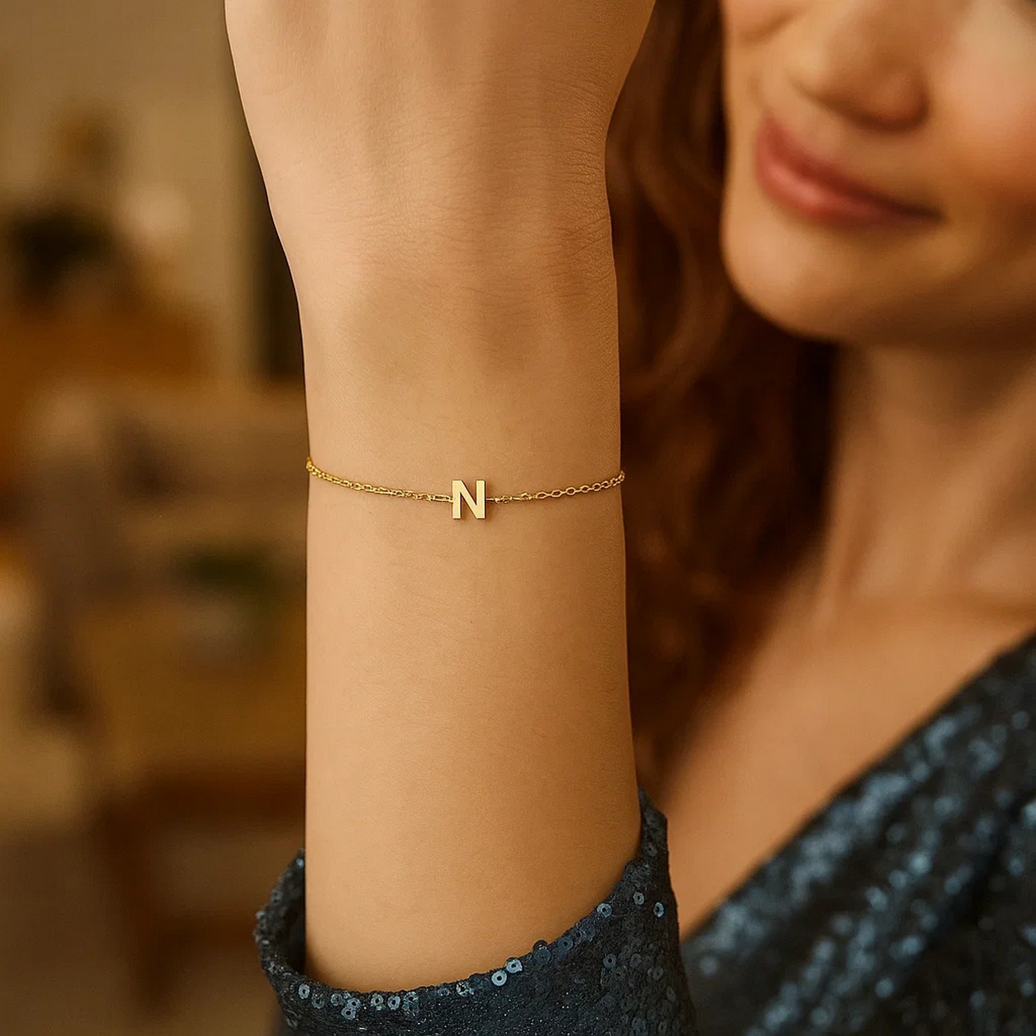 14K Yellow Gold Mini Initial N Bracelet - Image 5