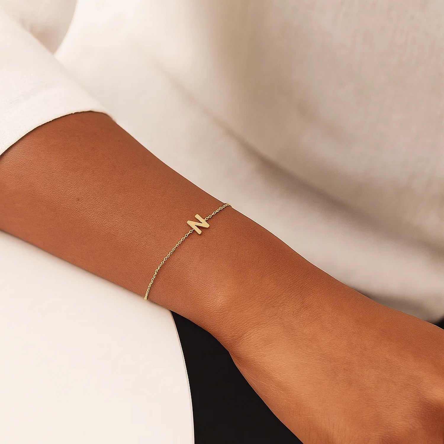 14K Yellow Gold Mini Initial N Bracelet - Image 7