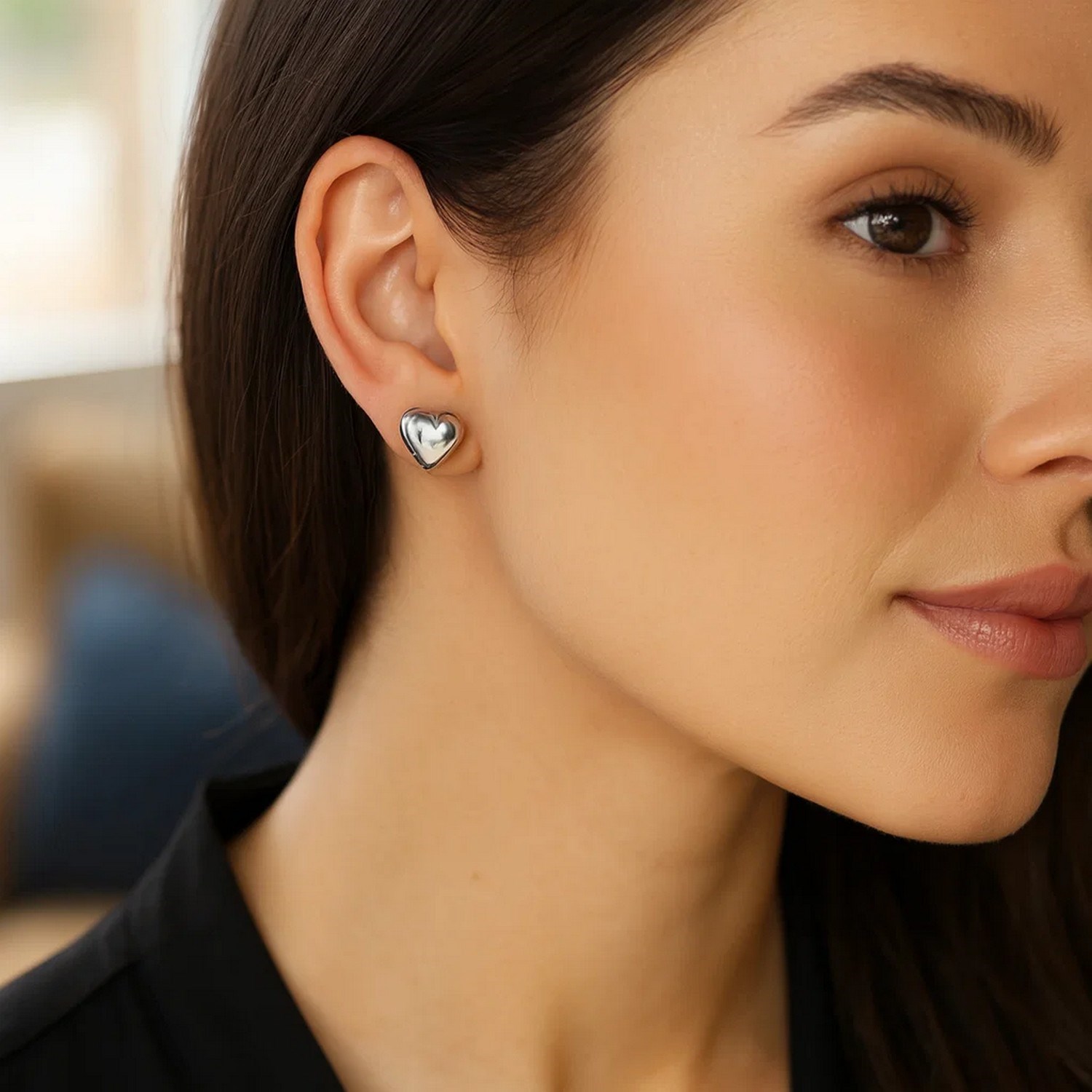 Sterling Silver Rhodium Plated Puffed Small Heart Stud Earrings - Image 4