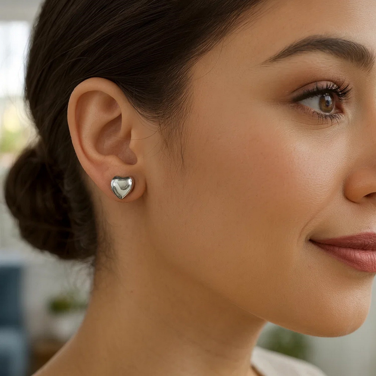 Sterling Silver Rhodium Plated Puffed Small Heart Stud Earrings - Image 5