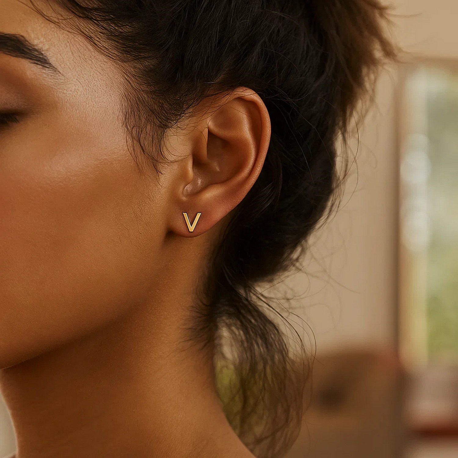 14K Yellow Gold Yours Truly Initial V Stud Earrings - Image 2