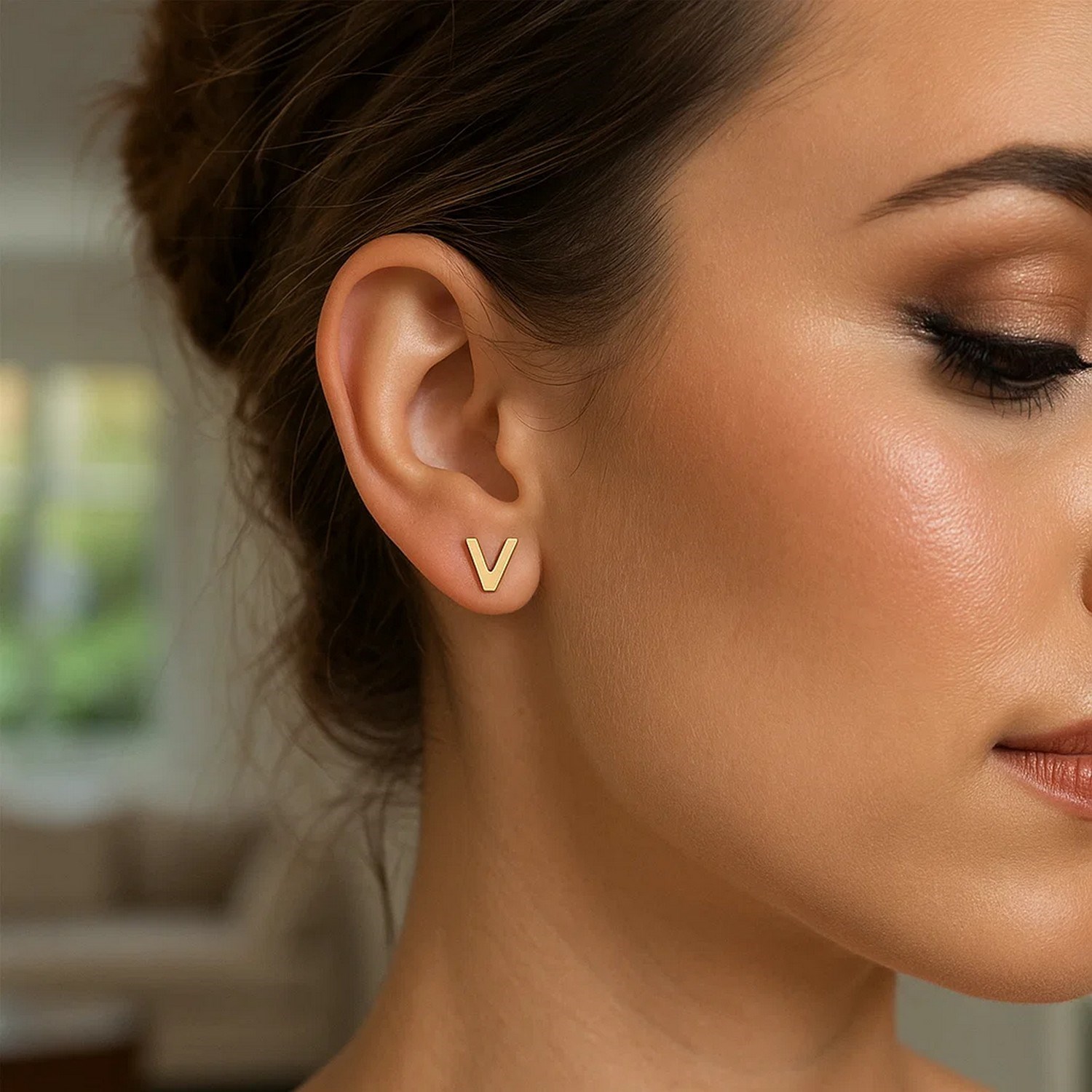 14K Yellow Gold Yours Truly Initial V Stud Earrings - Image 3